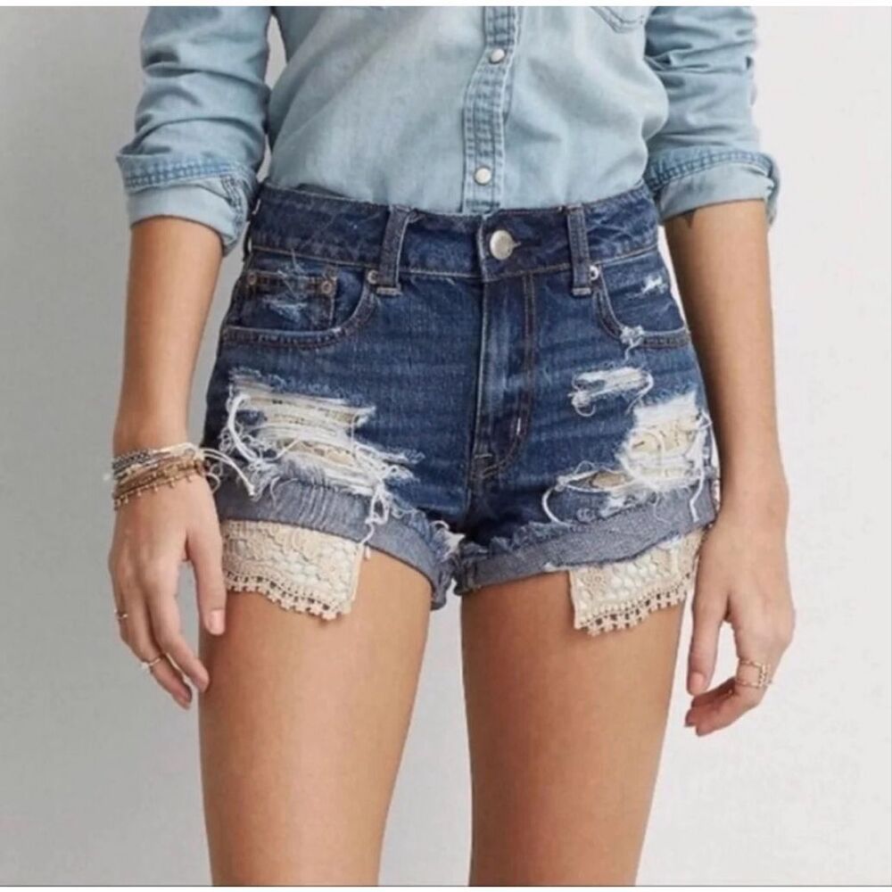 American Eagle Hi Rise Festival Shorts Size 6 Distressed‎ Lace Denim Blue